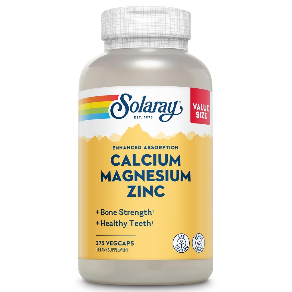 SOLARAY Calcium Magnesium Zinc Supplemento - con Calcium 1000mg, Magnesio 500mg - Bone Salute, Funzione Muscolare, Salute Del Cuore e Supporto Immune - Vegan, Garanzia di 60 giorni, 68 Serve, 275 VegCaps