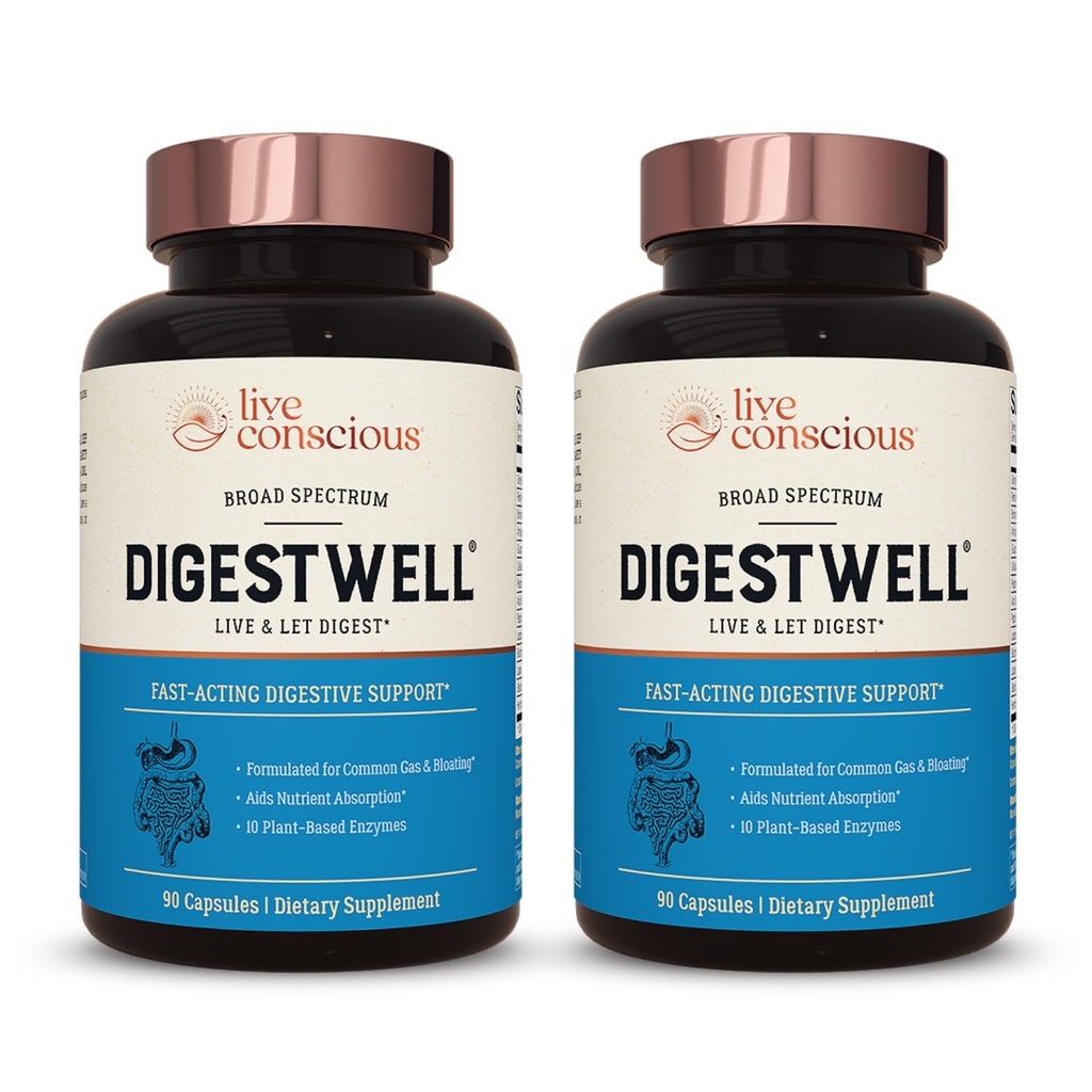 Live Conscious DigestWell Supporto immediato - Fast-Acting Digestive Support | Broad Spectrum Enzyme, Probiotic & Herbal Formula - Dicreases Everyday Gas & Bloating - 90 Capsule (2-Pack)