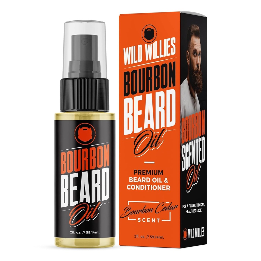 Wild Willies Premium Beard Oil & Condizionatore (Bourbon Cedar) - Naturale, Ingredienti organici & Oli essenziali Promuove la crescita del cuscinetto, Rimuove Itch & Dandruff - Deep Softener & Restores Moisture - 2 Oz