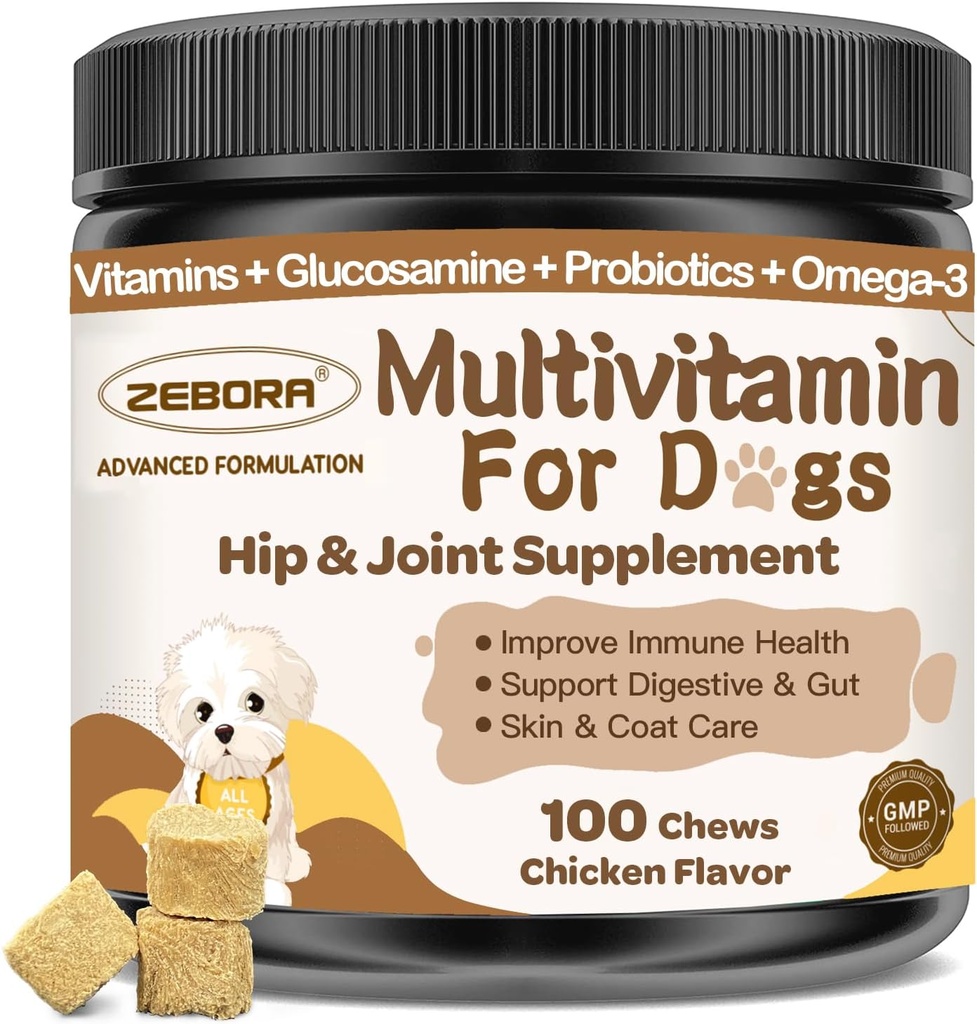 Cane Multivitamina con minerali per la salute generale - Vitamine di cane e integratori con Glucosamina, Probiotici per cucciolo e cani anziani con minerali - Omega 3 Fish Oil per la pelle & Coat - 100 Chews