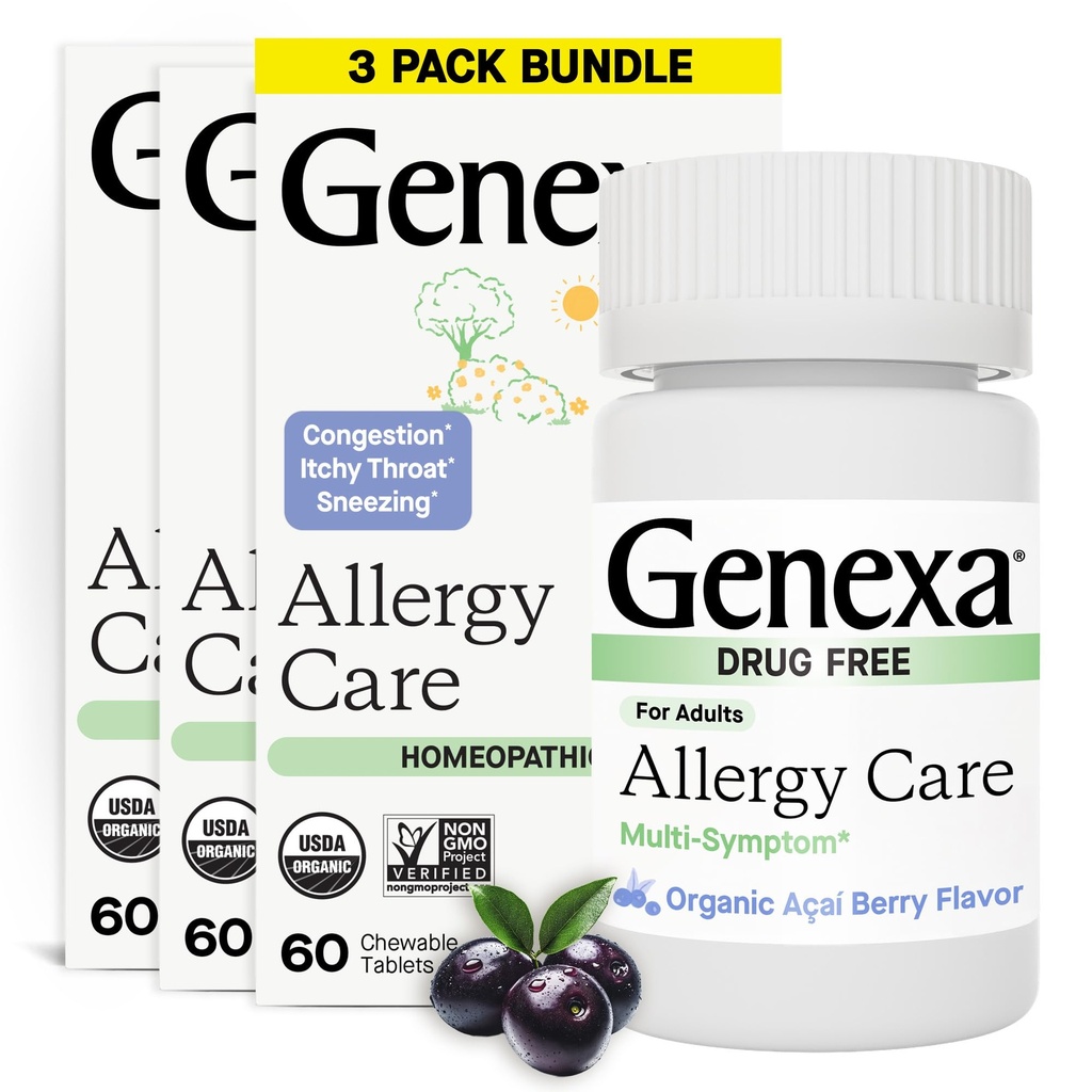 Cura dell'allergia Genexa | Droga gratuita, Allergia non dolorosa e sollievo decongestante per gli adulti | Vegan & Non-GMO | Rilievo dell'allergia omeopatica fatto pulito | Organic Acai Berry Flavor | 180 compresse masticabili