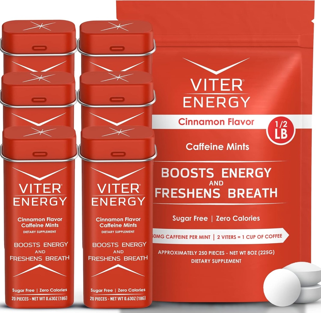 Viter Energy Original Caffeine Mints Cinnamon Flavor 6 Pack e 1/2 Pound Bulk Bag Bundle - 40mg Caffeina, B Vitamine, Sugar Free, Vegan, Powerful Energy Booster per Focus e Alertness