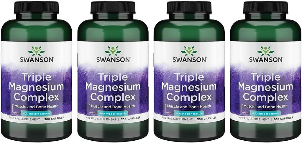 Swanson Tripla Magnesio Complesso - Supplemento minerale - Supporto naturale - Con Citrato, Ossido & Aspartate - (300 capsule, 400mg Ogni, 4 Pack)