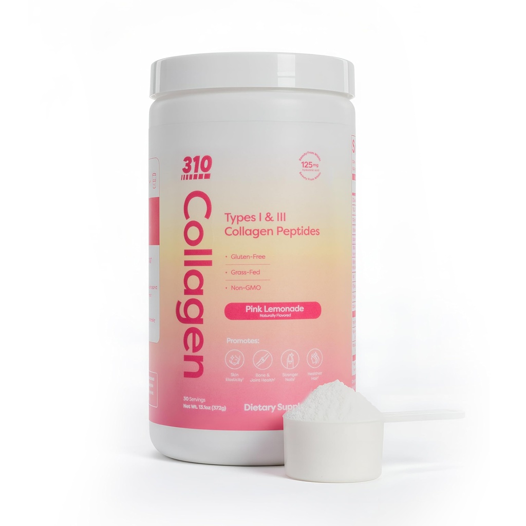 310 Nutrition Peptidi di collagene idrolizzato polvere per le donne e gli uomini - Grass-Fed Collagen Supplemento w/Hyaluronic Acid, Resveratrolo, Vitamina C,D & E per pelle, capelli e unghie - 30 SRV Pink Lemonade