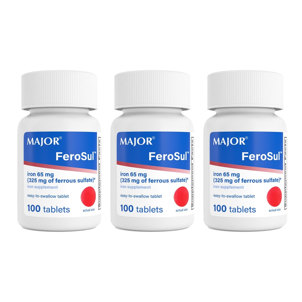 MAJOR Ferosul - Ferrous Sulfate 325mg compresse con 65mg di ferro elementare - Supplemento di ferro per le donne, uomini - Rosso - 100 Conte (3 Pack)