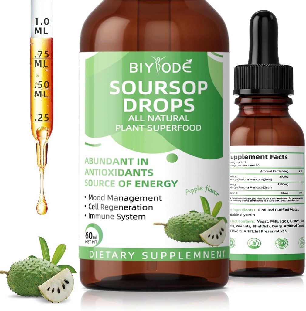 Soursop Graviola Liquid Drops: 1800mg Premium Antiossidante Supporto per la digestione Immune Salute Rilassamento Sonno Vegan Gluten Free Sugar Free 1 Fl Oz 30 giorni Fornitura