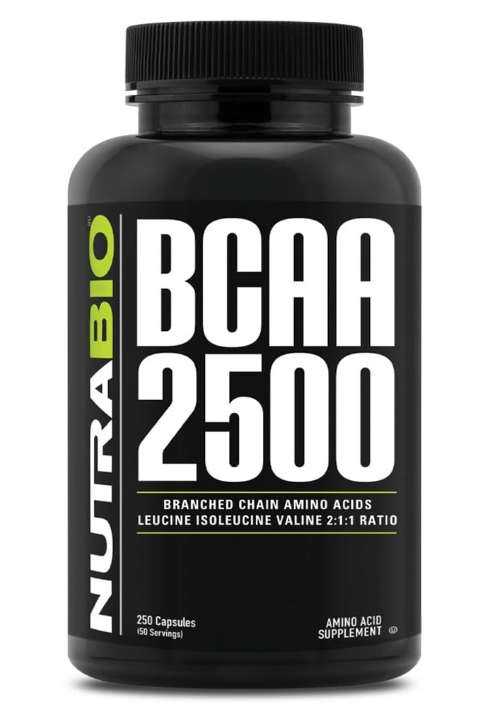 NutraBio – BCAA 2500 – Aminoacidi a catena ramificata – Supporto Nuova crescita del muscolo e prevenire la rottura del muscolo – 250 capsule