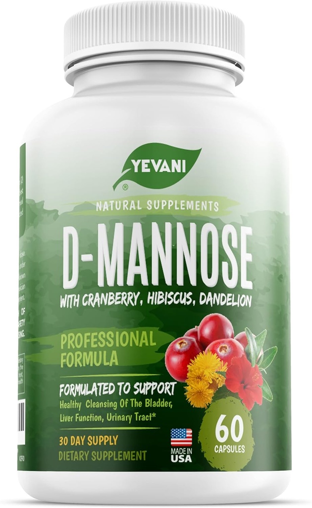 100% Pure D-Mannose capsule 1000 mg con estratto di mirtillo, ibiscus e danadelion, formula di prevenzione UTI professionale di azione rapida per la salute del tratto urinario e il supporto della vescica
