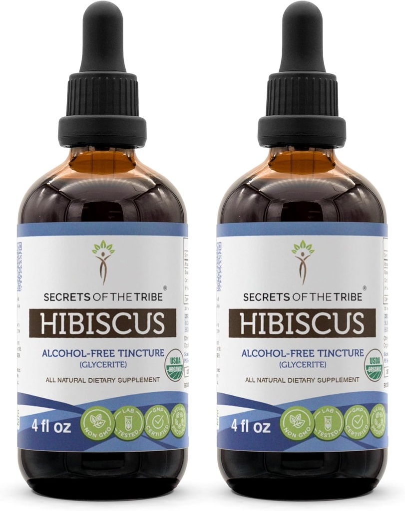 Segreti della Tribe Hibiscus USDA Organic | Alcohol-Free Extract (2 pz.), Gocce di erbe ad alta potenza | Realizzate in 100% Certificato Hibiscus Sabdariffa Dried Flower 2x4 oz