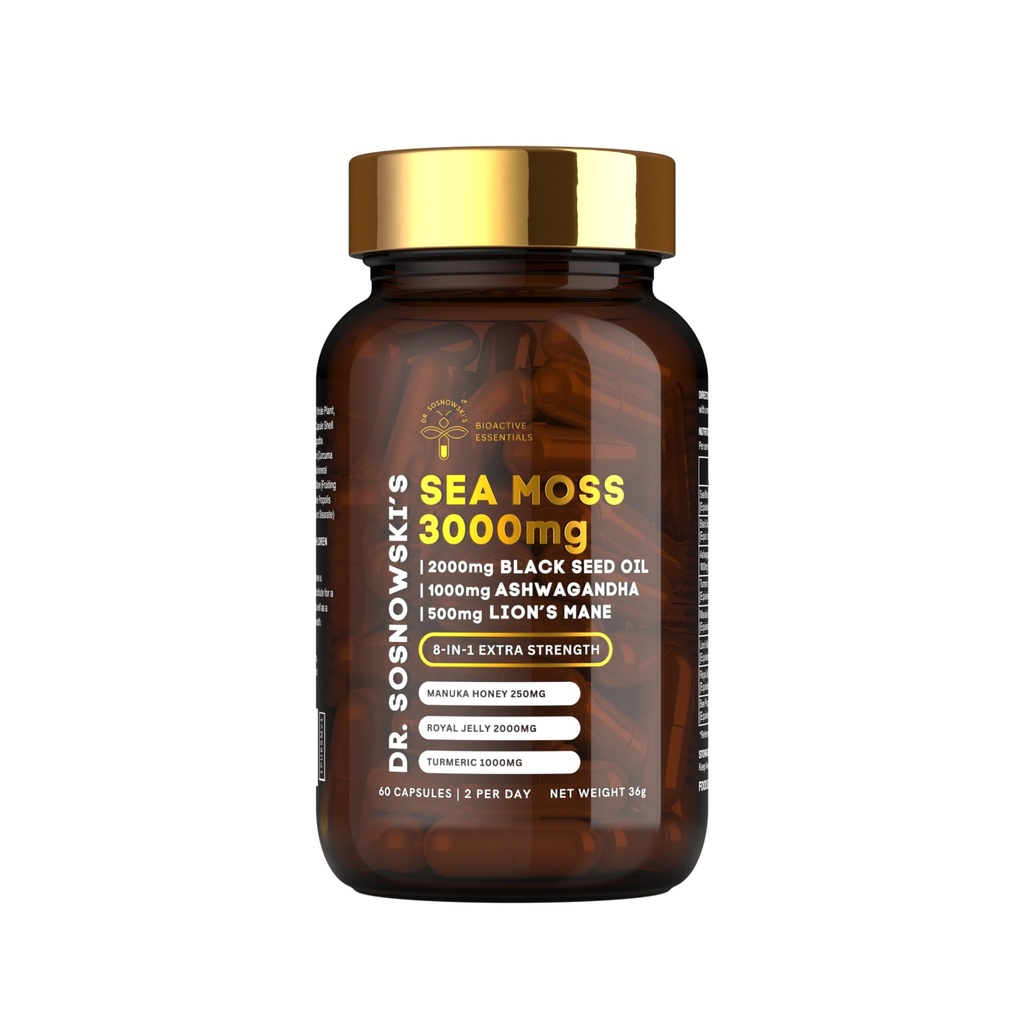 Dr Sosnowski's BioActive Sea Moss | Formula 8-in-1 Arricchito con Black Seed, Ashwagandha, Turmeric, Manuka Honey, Lion's Mane, Royal Jelly, Bee Propolis Extract | 60 Capsule