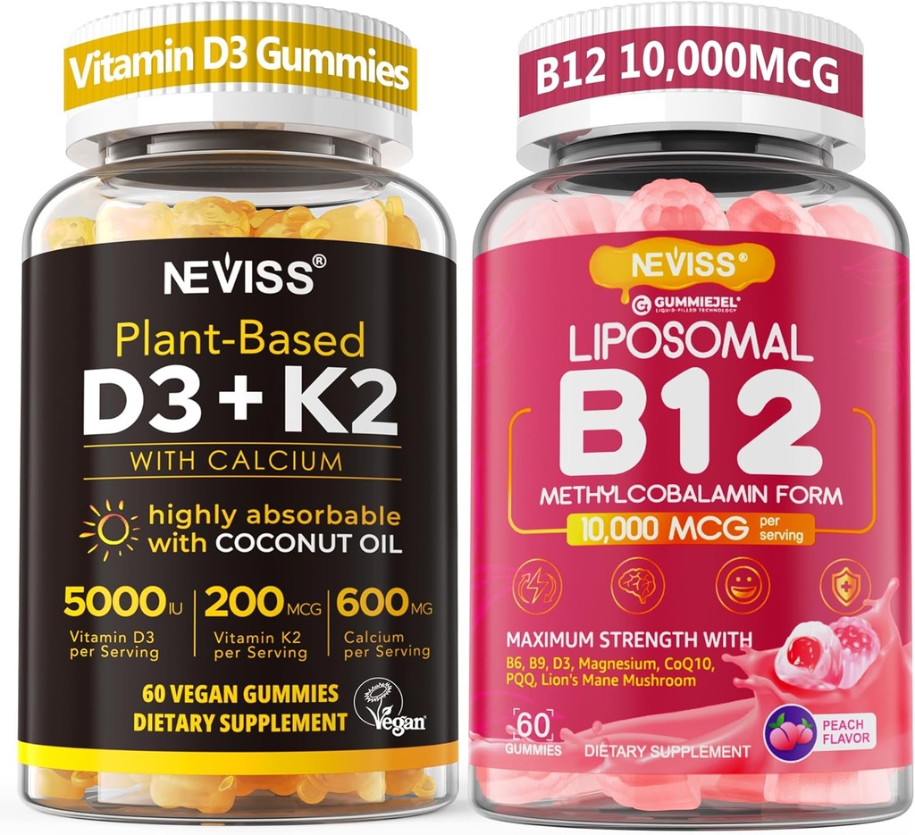 NEVISS 2Pack Vitamin D3 5000iu & K2(come MK7) 200mcg Gummies + 600mg Calcium + 1 Pack Liposomal Methyl B12 5000 mcg/10000 mcg