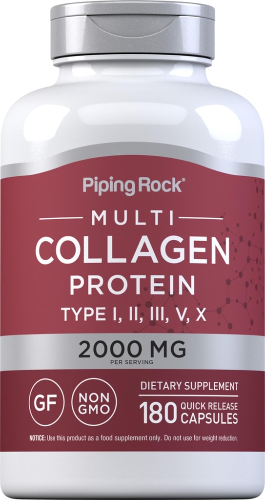Piping Rock Multi Collagen Protein Capsule | 180 Count | 2000mg | Tipi I, II, III, V, X | Complex Blend | Non-GMO, Gluten Free