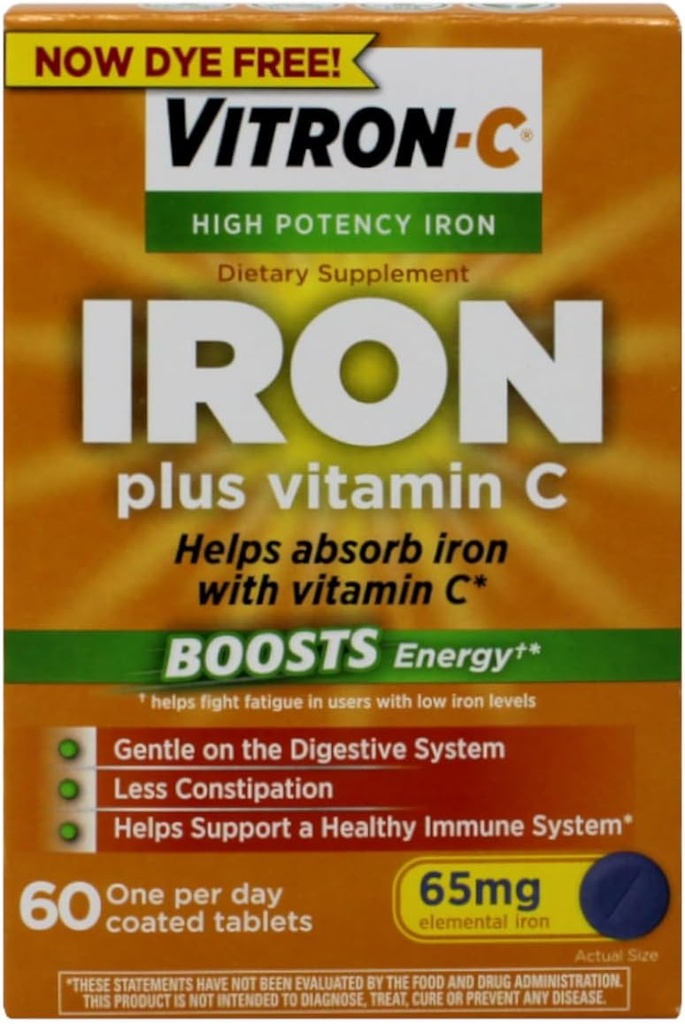 Vitron-C supplemento dietetico di ferro ad alta potenza – Iron Plus vitamina C, potenzia l'energia, il genio sul sistema digestivo, 60 compresse rivestite, 65 mg di ferro elementare