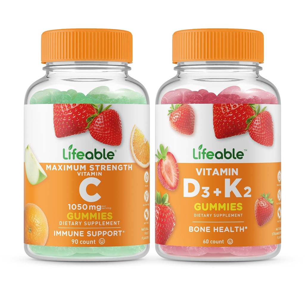 Vitamina C 1050mg + Vitamina D3 + Vitamina K2, Gummies Bundle - Grande Degustazione, Supplemento di vitamina, Senza glutine, OGM libero, pancia masticabile