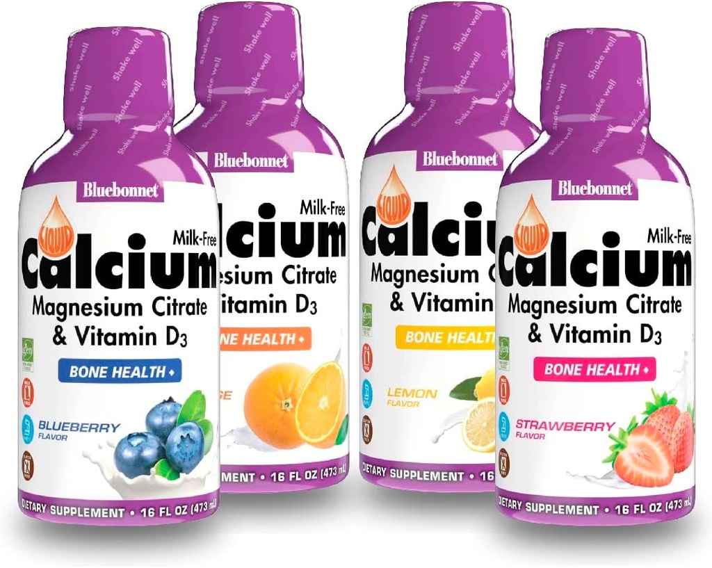 Citrato di Magnesio di Citrato di Calcio Liquido di Bluebonnet Nutrition, Vitamina D3, Bone Salute - Bundle di Arancione, Mirtillo, Limone e Fragola Flavor, 4 Bottiglia di 16 Fl Oz Ogni (64 Fl Oz Totale)