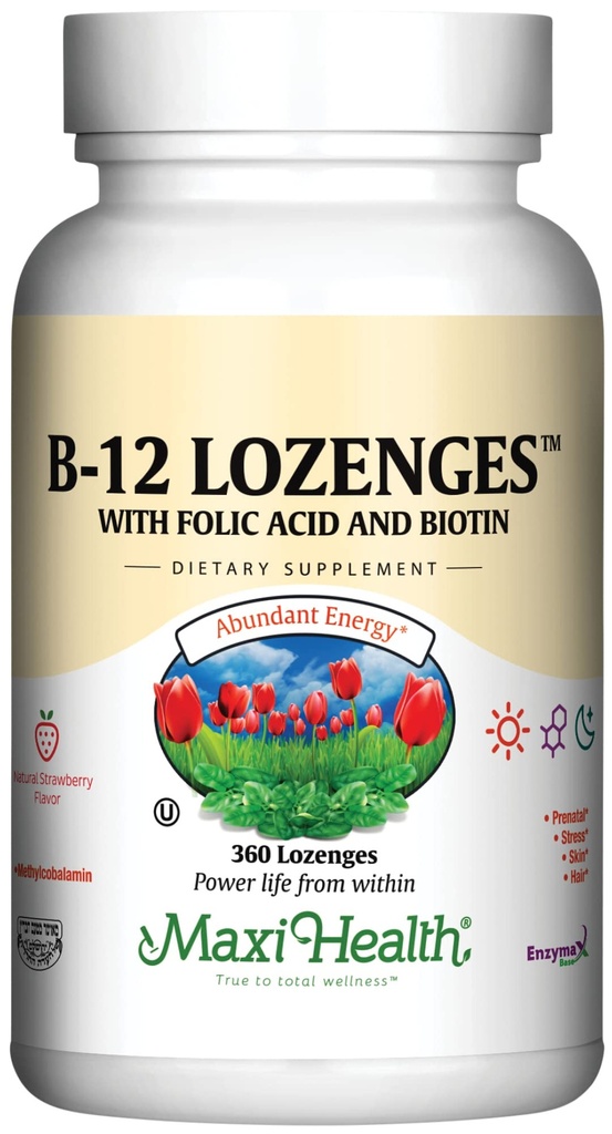 Maxi Salute Vitamina B12 Lozenges con acido folico e biotina - Sublingual B12 Vitamine Fragola Flavor - Vegetariano Kosher B 12 Vitamina per la produzione e l'energia di globuli rossi (360 Conte)