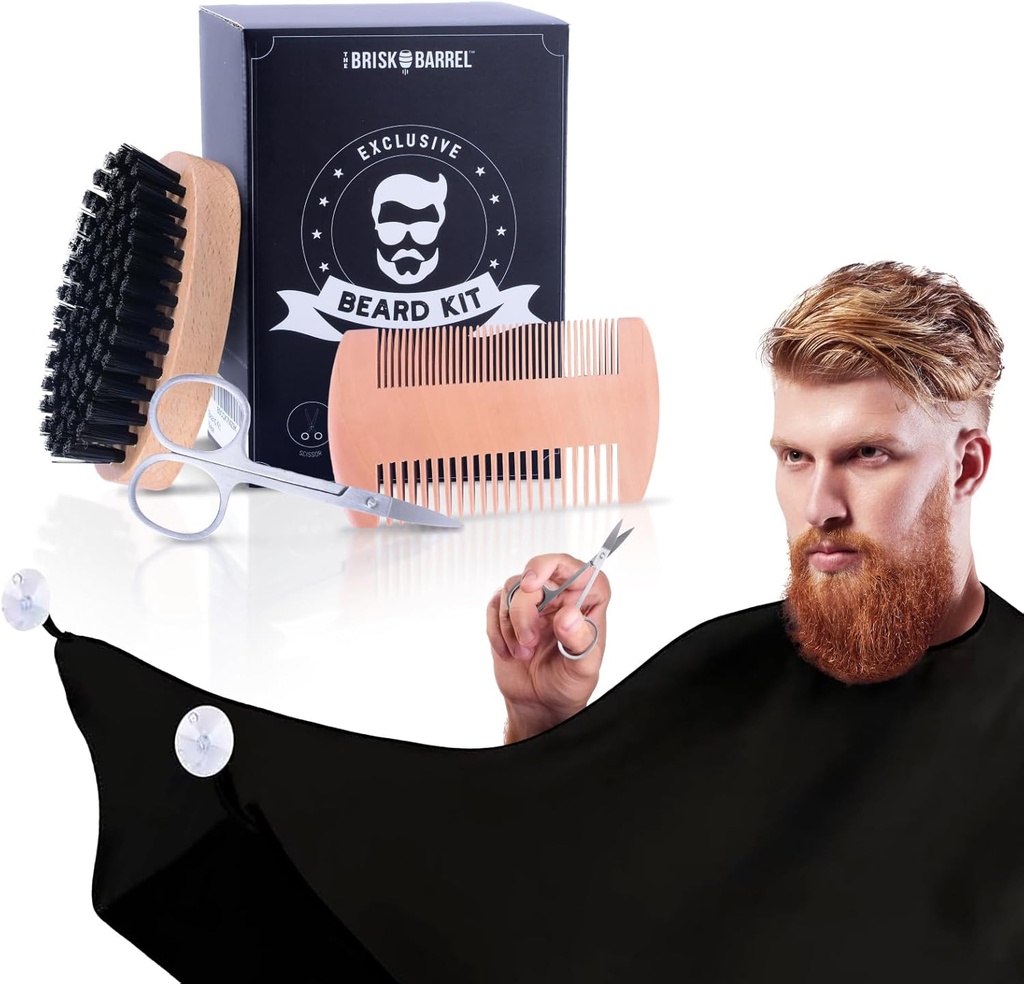Cuscinetto Grooming Kit per gli uomini 4 in 1. Cuscinetto Brush e Comb Set con Dissy Free Bib Apron, Forbici Mustache. Brush naturale e doppia azione comb. Gli uomini stanno scopando. Regalo per marito,
