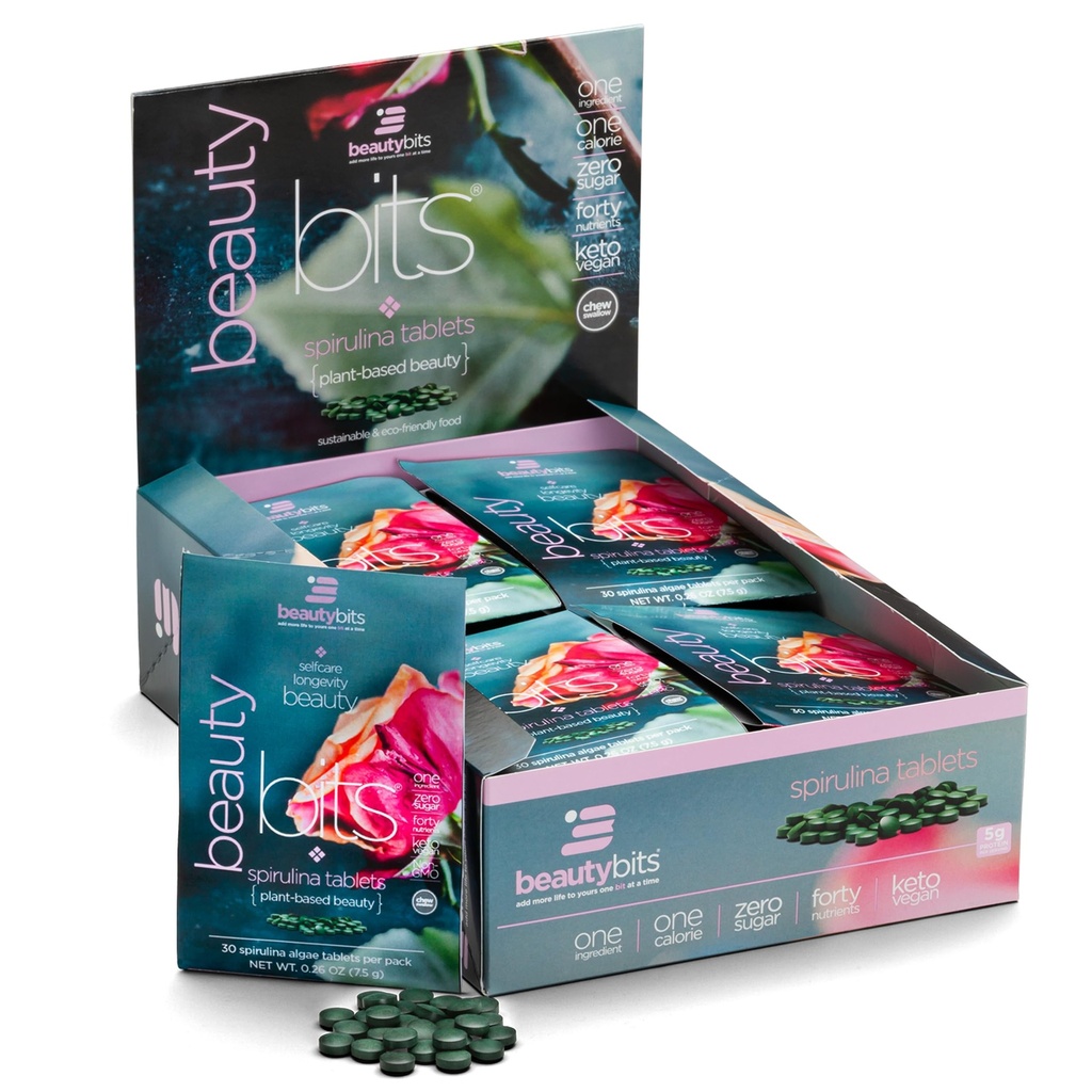 BEAUTYbits - Spirulina Organica Tablets - Algae Superfood - Collagene, Proteine, Clorofilla - Hair, Nails, & Skin Care - Vegan, Keto, Gluten Free - Self Care - Skincare Beauty - 30 Bags, 900 Tablet