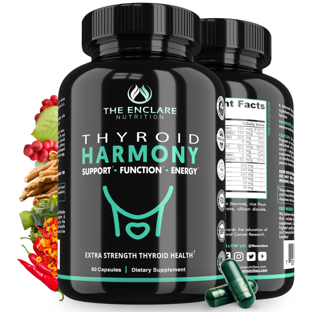 Integratore di supporto tiroideo ENCLARE con Iodina - Ormoni di equilibrio per l'energia, il metabolismo, il fuoco, lo stress, l'umore. Ashwagandha, Zinco, Selenio, Vitamina B12, Kelp, Magnesio, L tirosina (1)