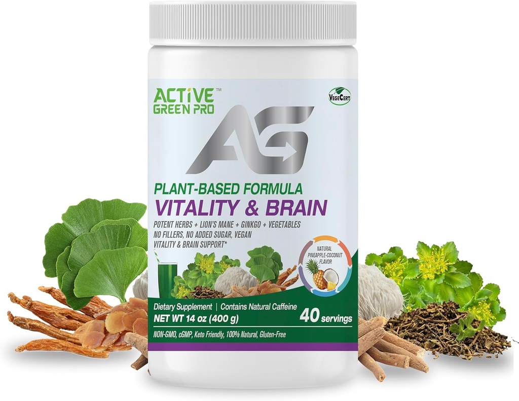 Vitality & Brain Powder, Blend of Synergistic Herbs, Lion's Mane, Ginkgo, and Vegetas, Plant-Based Formula, No Fillers, No Sugar Aggiunto - 40 Servings