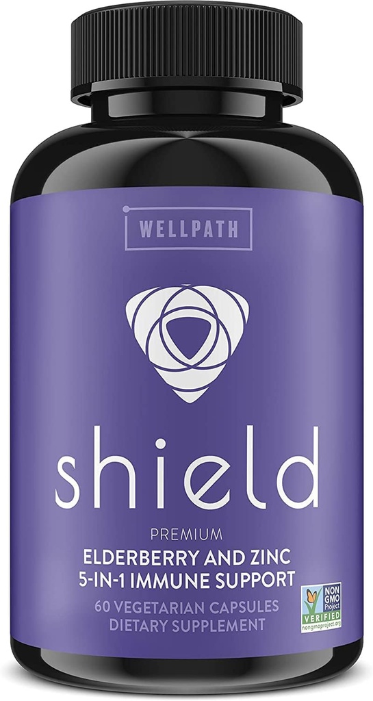 WellPath Shield Elderberry Capsules - 5-in-1 Supporto Immune Booster con Zinco, Vitamina C, Echinacea, Bee Propolis - Supplemento Premium Zinco - 600 mg Pillole di Samburo Nero per Adulti - 60 Ct