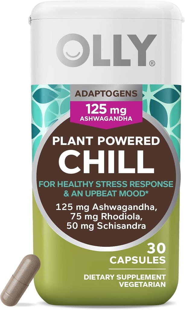 OLLY Chill Adaptogen, Ashwagandha, Mood Support Supplemento con Radice di Rhodiola, Capsule Vegetariani - 30ct