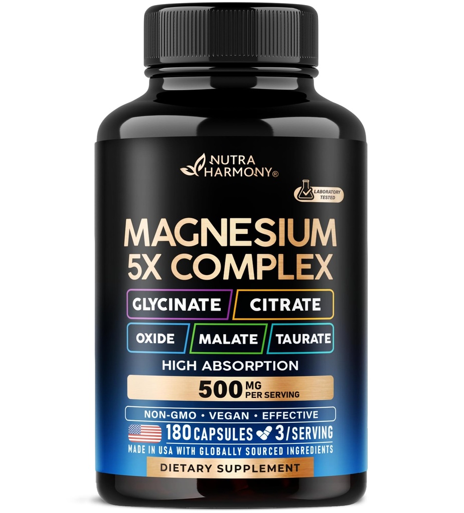Magnesio Supplemento - 5 in 1 Complesso | Glycinate | Citrate | Malate | Taurate | Oxide - Made in USA - Stress, Muscle & Heart Support - Vegan, Natural, Non-GMO - 180 capsule, 2 mesi di fornitura