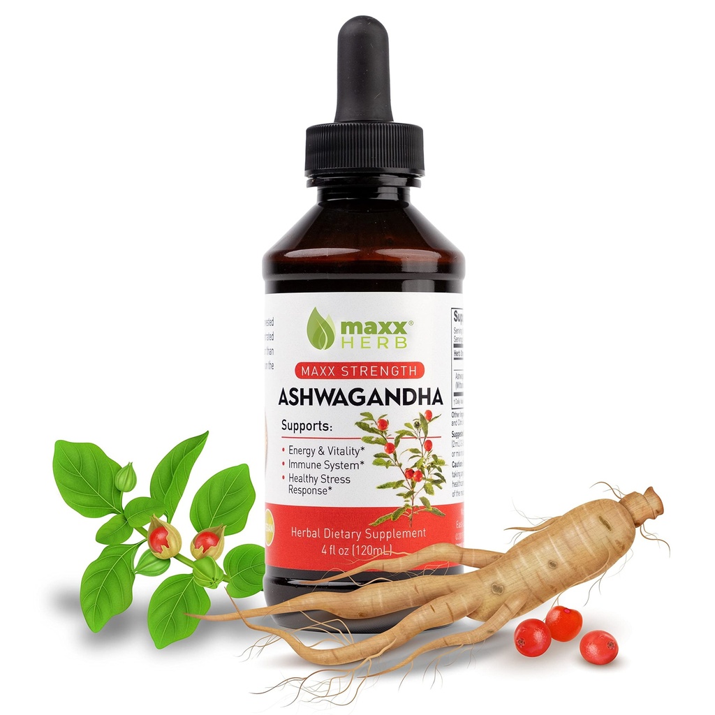 Estratto di Ashwagandha Maxx Herb – Assorbenti di tintura liquida di massima resistenza Meglio di capsule o polvere - per Stamina, Memoria, & Supporto immunitario - Bottiglia da 4 Oz (60 Serve)