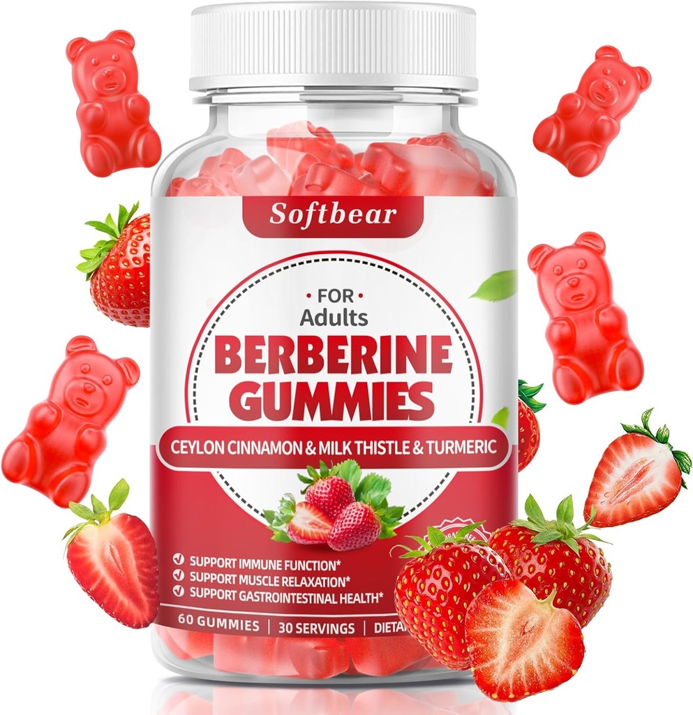 Berberina morbida con Ceylon Cinnamon Gummies Berberina organica HCL 1500mg per Metabolismo Salute Immune Integratori berberi senza zucchero Aroma di fragola 60 Conte