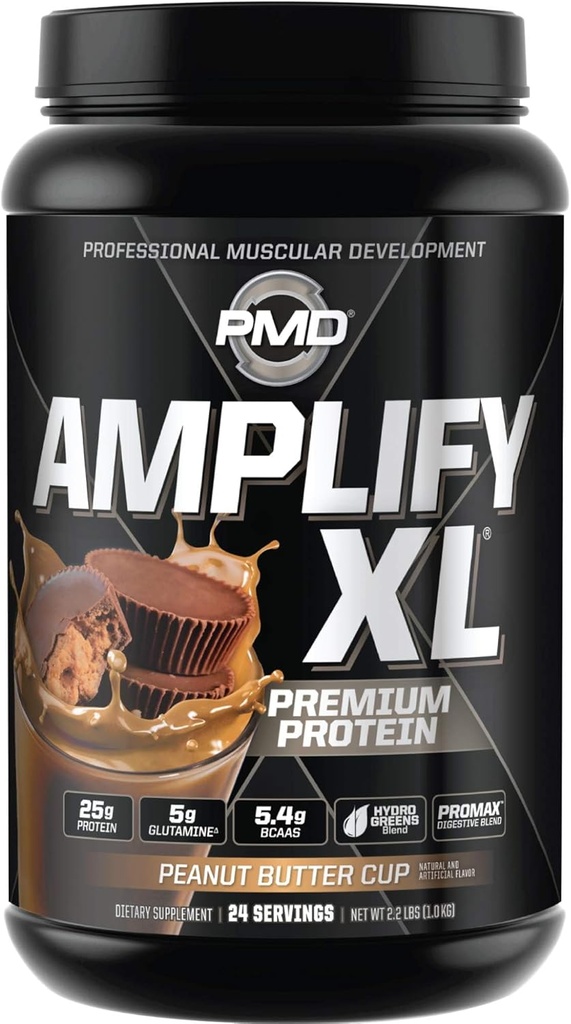 PMD Sports Amplify XL Premium Whey Protein Supplement Hydro Greens Blend - Glutamina e Whey Protein Matrix con Superfood per muscolo, resistenza e recupero - Peanut Butter Cup (24 Servings)