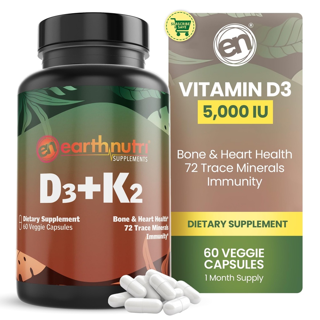 EarthNutri Vitamin D3 K2 Supplemento 5000 IU – Include K2 da MENA Q7, D3 da Vitashine, Calcio da Aquamin & 72 Minerali Trace – per Immune, Bone & Heart Health – Non-GMO – 60 capsule di Veg
