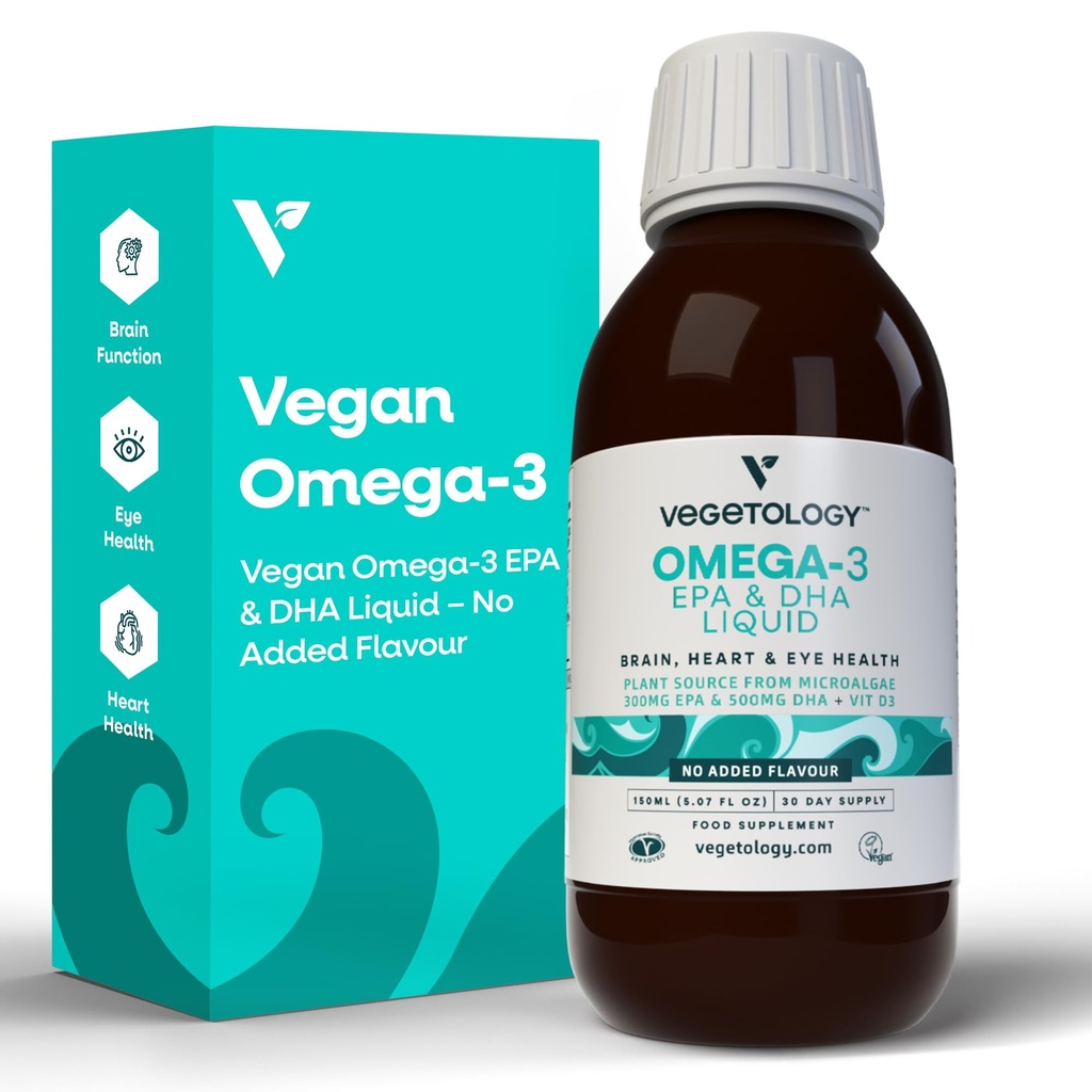 Vegan Omega 3 Liquido, da Microalgae, 800mg di EPA DHA, con vitamina D3, Supporta la salute del cuore, del cervello e dell'occhio, alternativa naturale dell'olio di pesce, UK Made, non infiammata