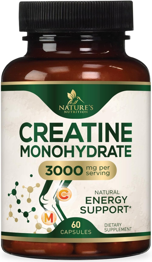 Creatina Monoidrato capsule 3000mg – Migliore polvere di creatina micronizzata - Supporta muscolare magra, resistenza, energia, & Endurance - Supplemento di natura, Non OGM, senza glutine per le donne & uomini - 60 capsule