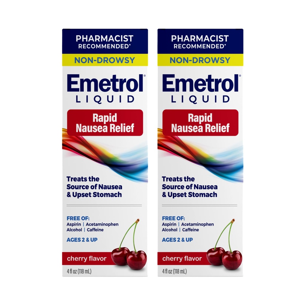 Emetrol Non Drowsy Liquid Nausea Relief - Upset Stomach Medicine - Pharmacist Raccomandato Nausea Relief - Cherry Flavor - 4fl oz, 2 Pack