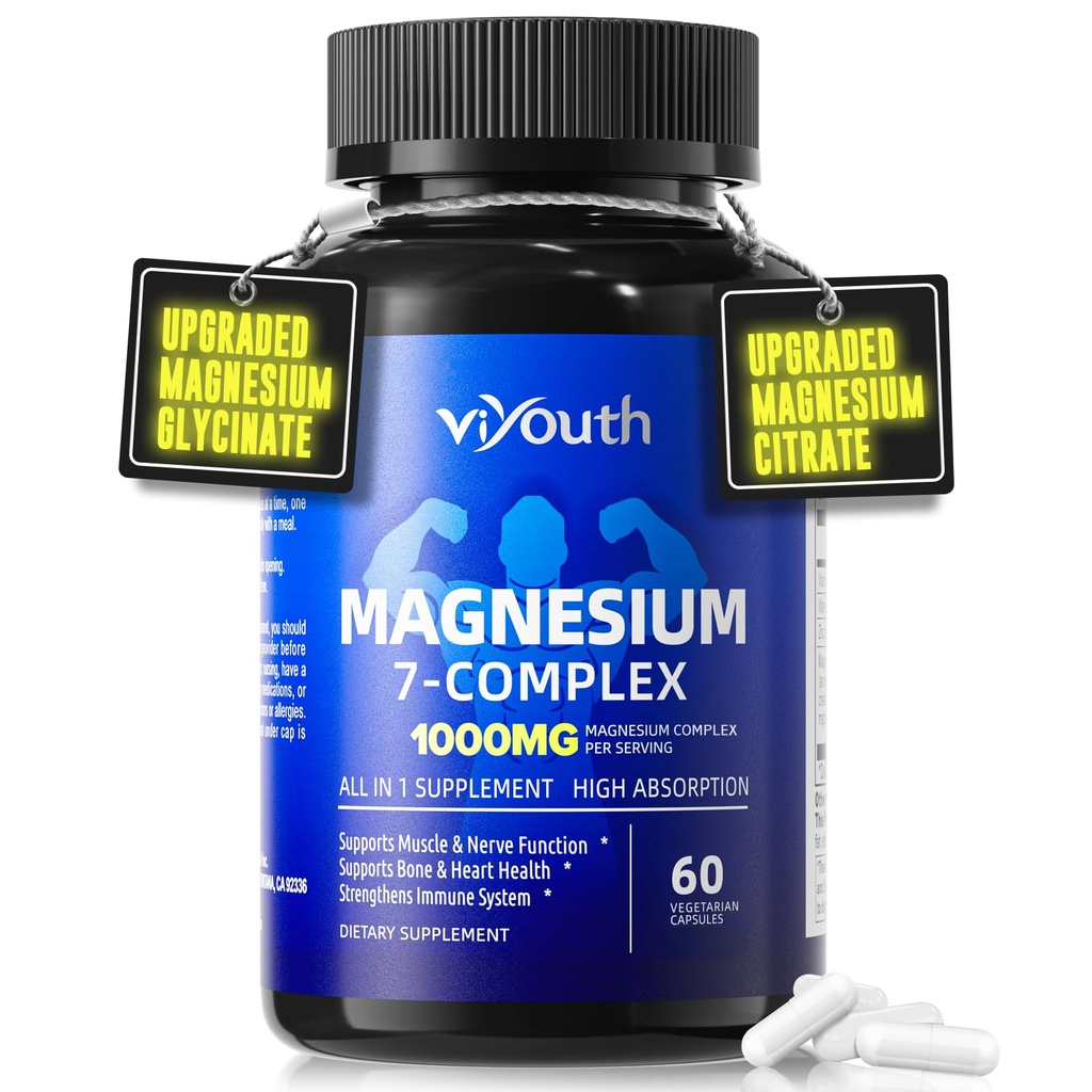 Magnesio 7 supplemento complesso Avanzato con glicinato Citrato Malato Chelato Taurate Orotate Aspartato, Capsule con zinco, Vitamina D3 & B6 per il sonno, Muscolo sollievo, 60 capsule