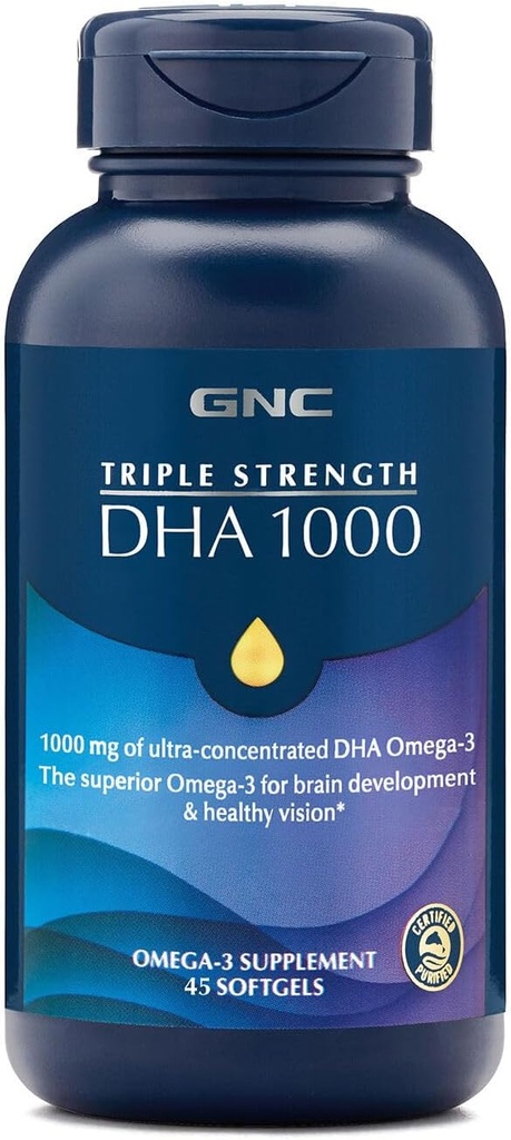 GNC Triple Strength DHA 1000 Omega 3 Supplement, 1000mg DHA, Supporta lo sviluppo del cervello e la visione sana, 45 Softgels
