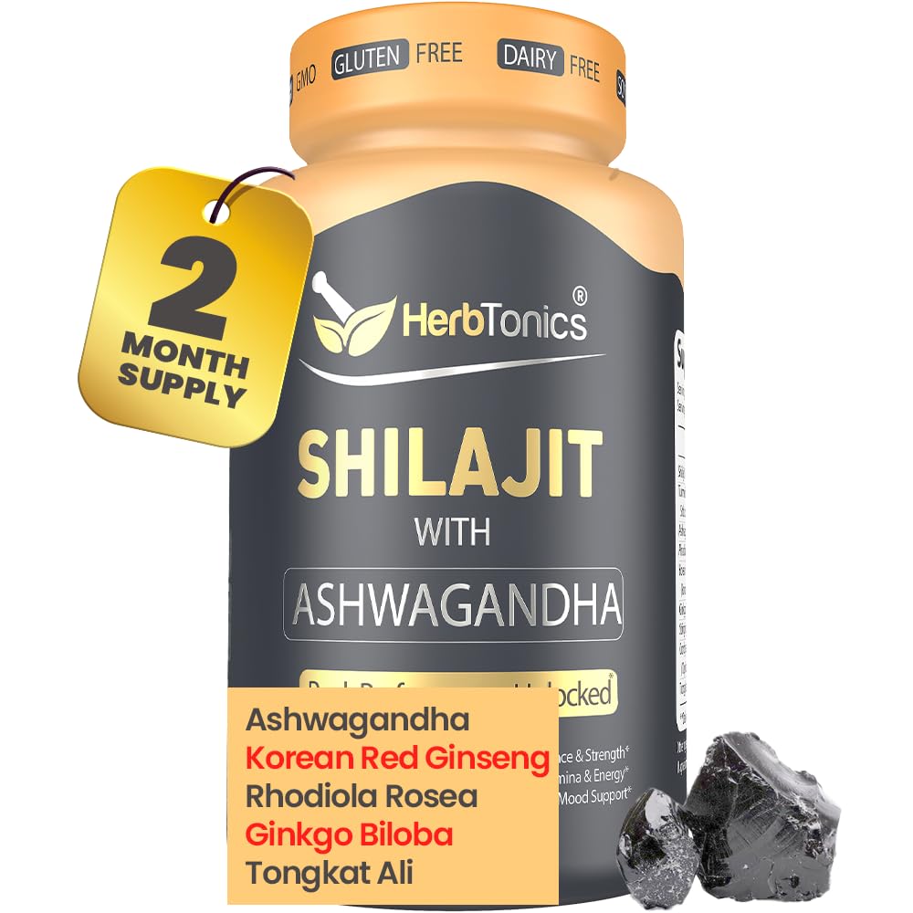 Herbtonics Shilajit per uomini e donne con Ashwagandha, Ginseng rosso coreano, Rhodiola Rosea, Ginkgo Biloba, Tongkat Ali | Minerali di acido Fulvic & Trace per Stamina & Immunity | 60 capsule vegane