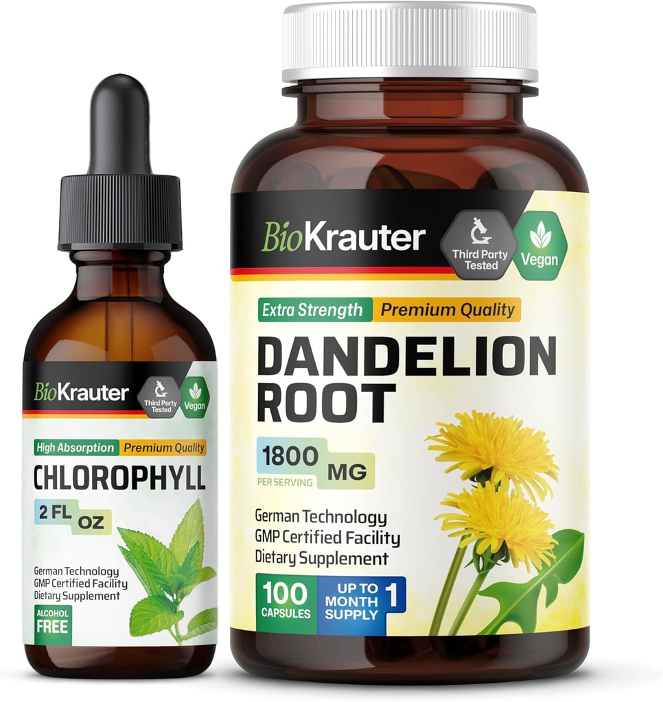BIO KRAUTER Chlorophyll Tincture 2 Fl. Oz. & Dandelion 100 capsule
