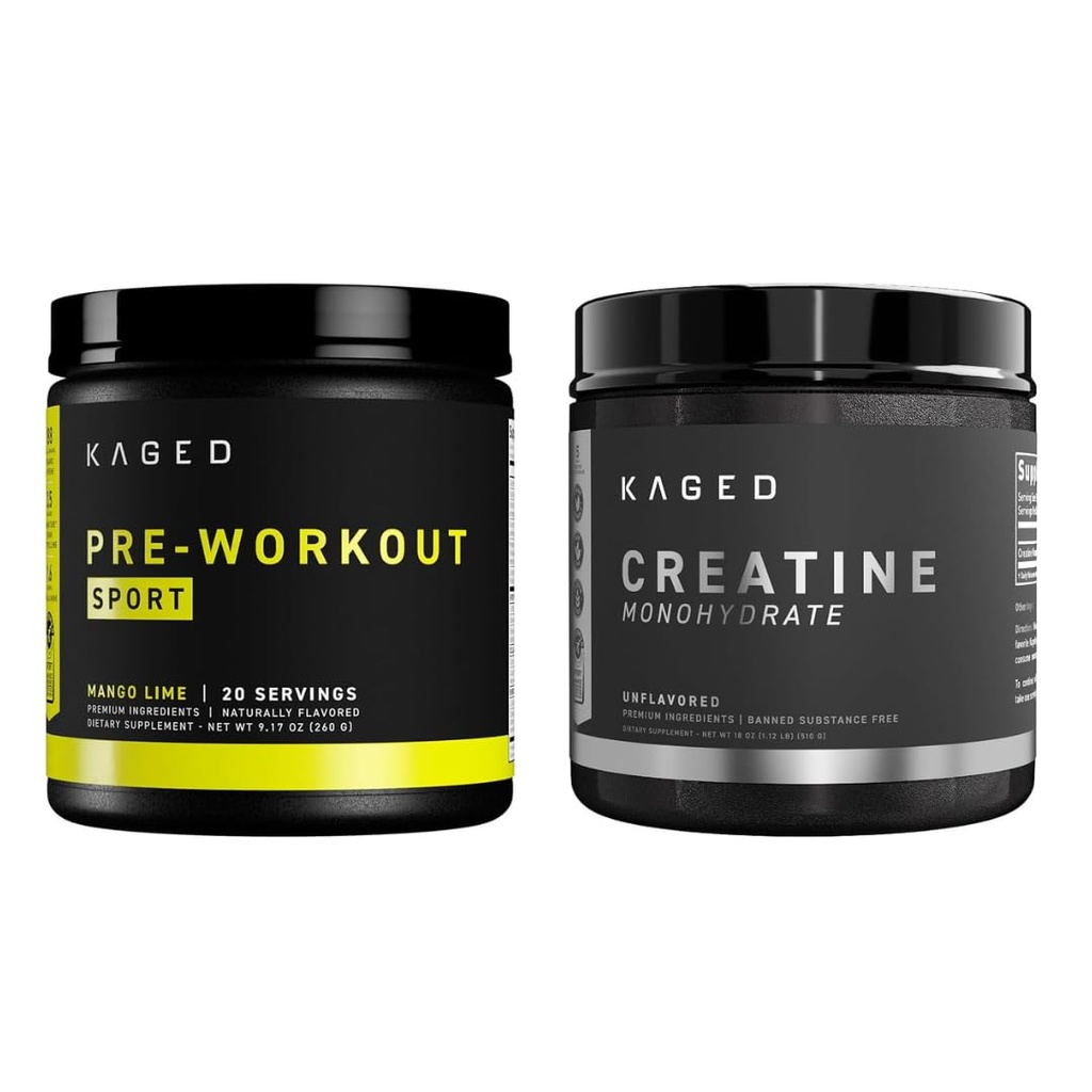 Kaged Pre Sport Pre Workout Polvere Mango Lime Creatina Monoidrato Polvere micronizzata Bundle, Energy & Muscle Recovery Supplement Pack, 20 Serve Pre-Workout + 100 Serve Creatina