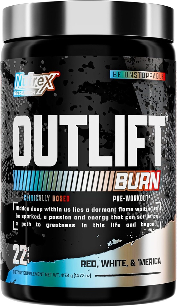 Nutrex Outlift Burn Pre-Workout Integratore per Energia, Focus & Endurance | Metabolyte, L-Citrulline, Beta-Alanine & Caffeine | Formula termogenica per prestazioni (22 Serve, Red White Merica)