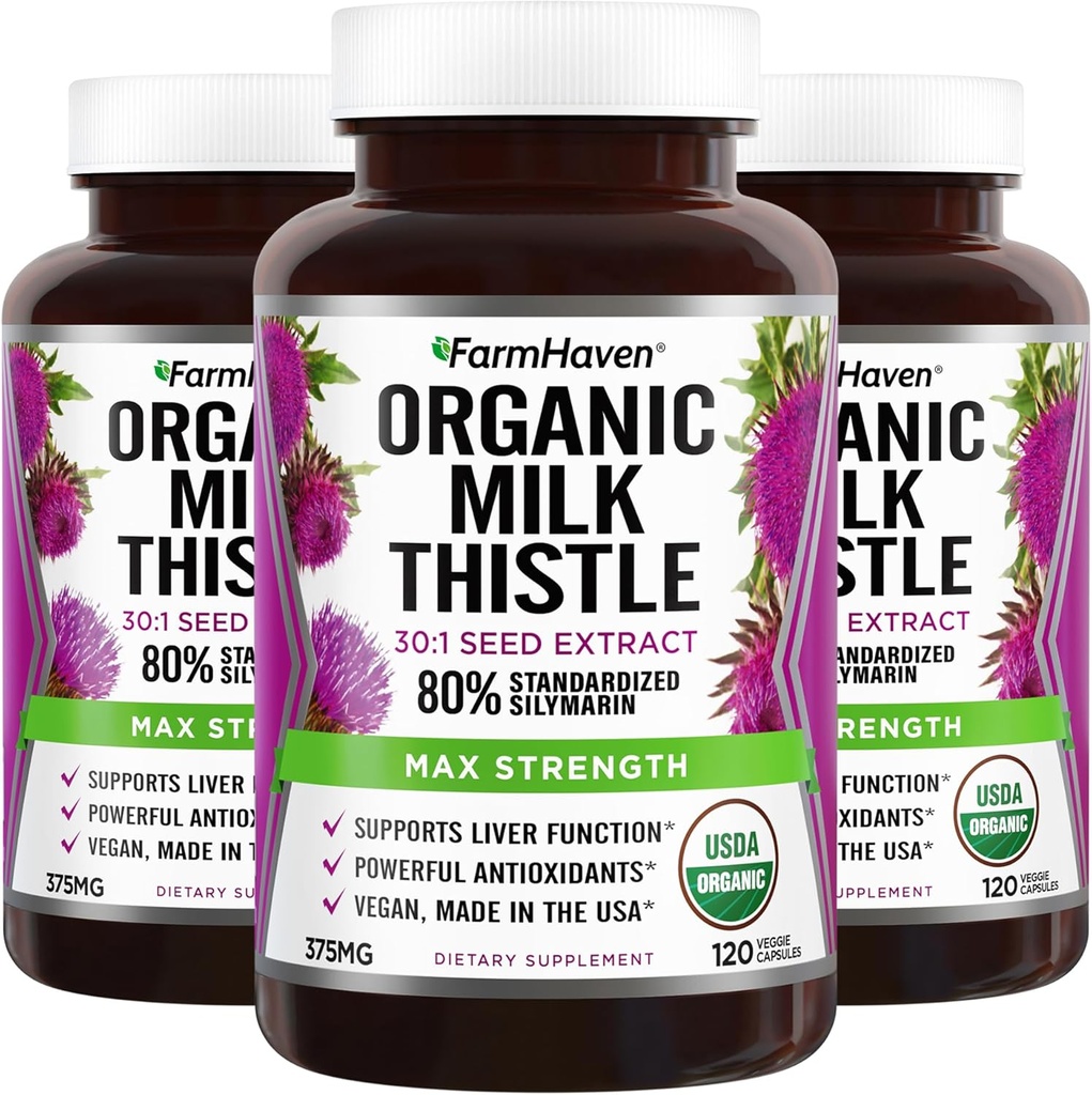 FarmHaven USDA Organic Milk Thistle Capsule | 30X Concentrated Seed Extract & 80% Silymarin Standardized - Supporta la funzione del fegato e la salute generale | Non OGM | 360 Vegan Capsule