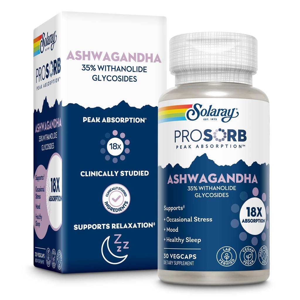 SOLARAY Ashwagandha Capsules 18X Absorption - Ashwagandha Root and Leaf Extract 240 mg - Rilievo occasionale di Stress e Mood Support Supplement - Vegan, 60-Day Guarantee - 30 Servings, 30 VegCaps