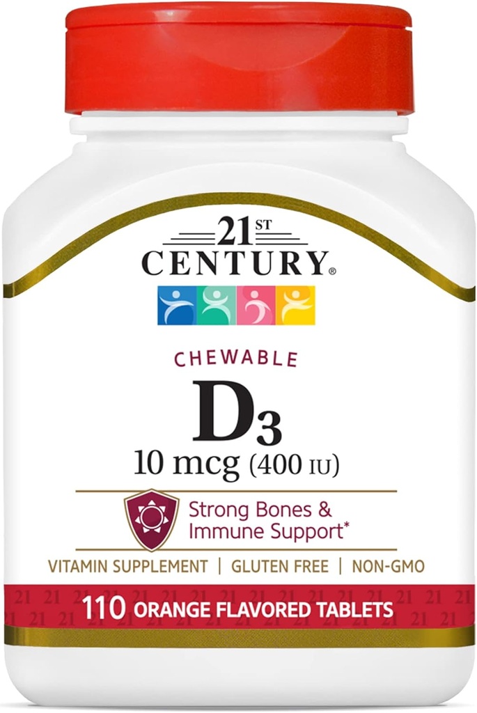 21st Century D3 400 IU compresse masticabili arancio, senza glutine, conta 110 (pacchetto di 3)