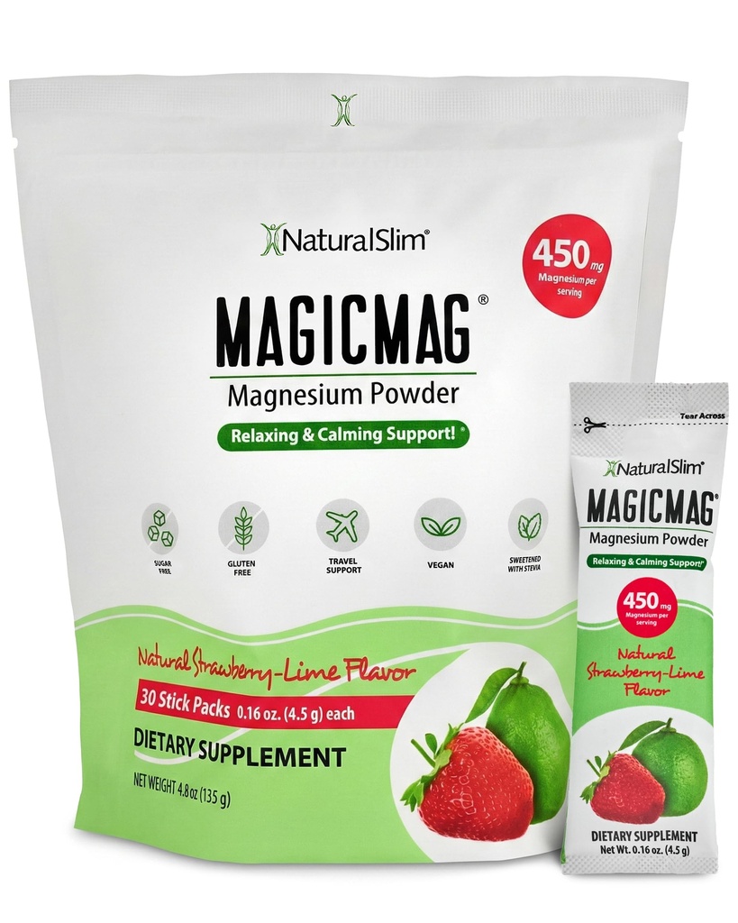 NaturalSlim MagicMag Magnesium Pack 30 Stick Pack Magnesium Citrate Powder – Stress, costipazione, muscolo, salute del cuore e supporto del sonno | Natural Strawberry & Lime
