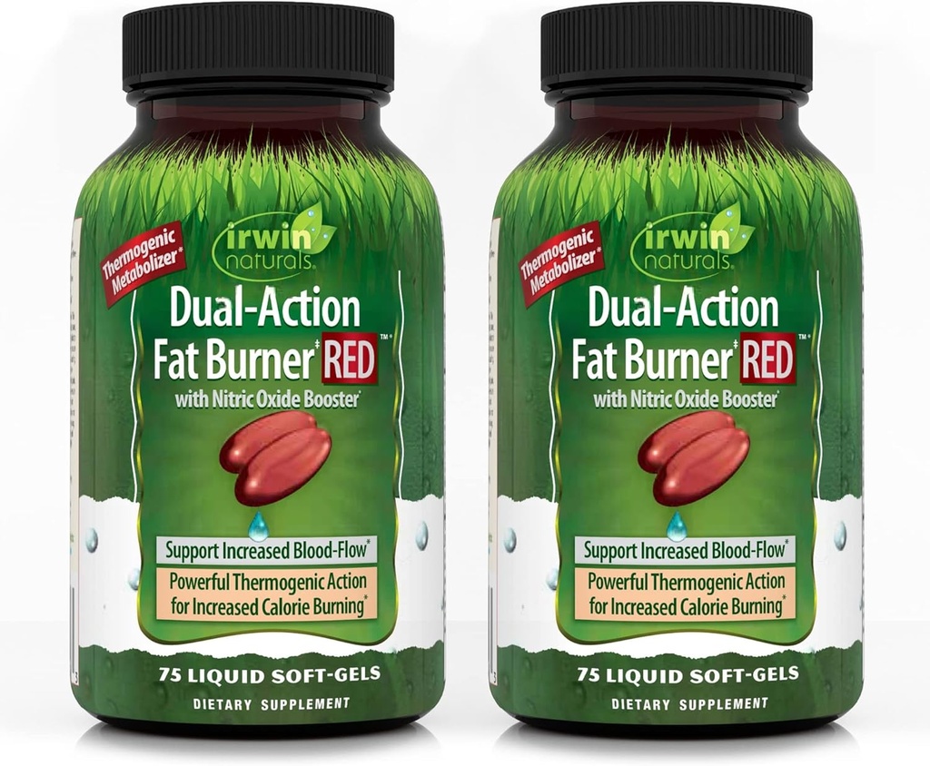 Irwin Naturals Dual-Action Fat Burner RED - 75 Liquid Soft-Gels, Confezione da 2 - Potente Termogenico con Booster Nitric Oxide - 50 Total Servings