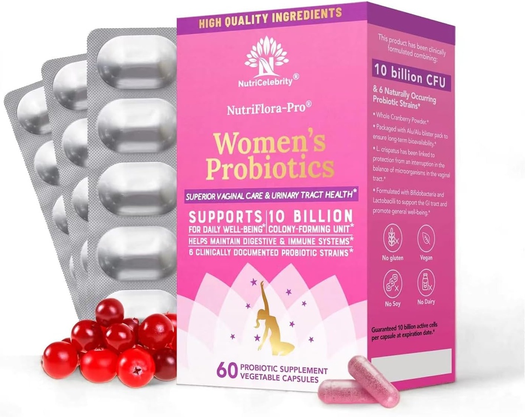 Nutricelebrity NutriFlora-Pro Probiotici per le donne - Supporto Vaginale, Salute urinaria, Supporto sistema immunitario Digestivo System, Supplemento pillole di mirtillo, 10 miliardi CFU 6 Strains (30 caps) - 2 Pack