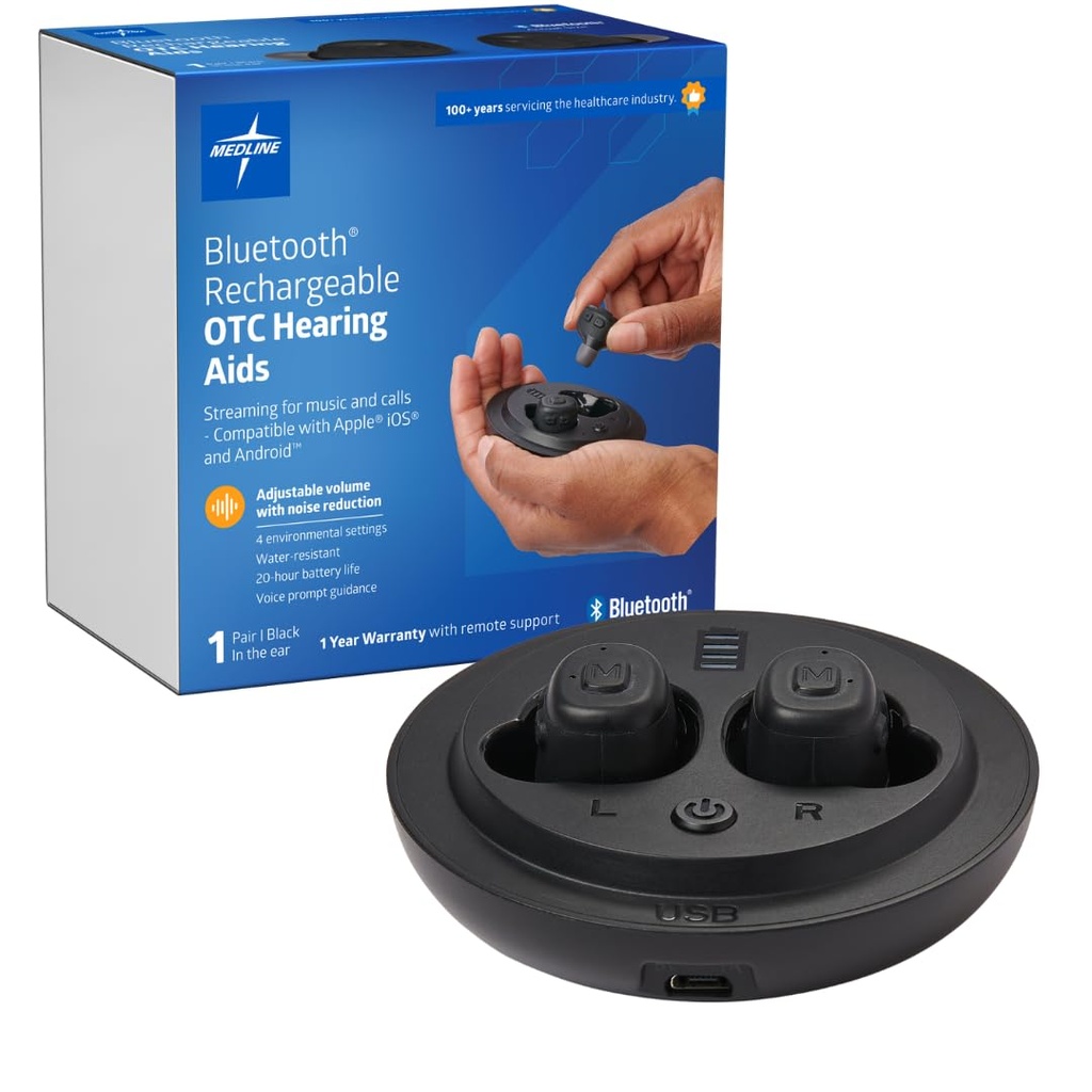 Apparecchi acustici ricaricabili OTC Bluetooth, in-The-Ear, 4 impostazioni ambientali, resistente all'acqua, volume regolabile, perdita dell'udito da lieve a moderata, riduzione del rumore, apparecchi acustici per auricolare