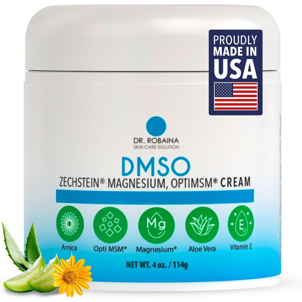 Dr. Robaina DMSO Crema - 99,9% Pure Pharmaceutical Grade | Skin Relief Formula con Zechstein Magnesium, Arnica, Aloe Vera, Vitamina E | Muscle & Joint Comfort | 4 oz | Made in USA