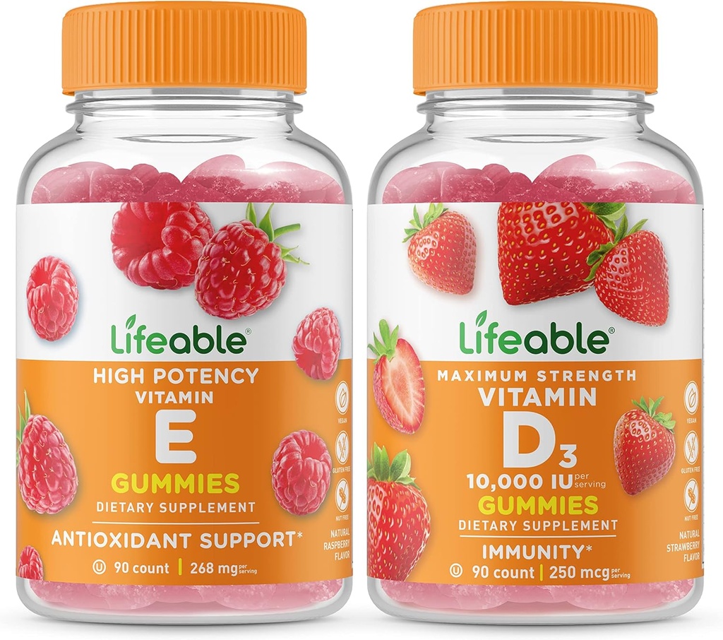 Vitamina E + Vitamina D 10000 IU, Gummies Bundle - Grande Degustazione, Integratore di vitamina, Senza glutine, OGM Free, Gomma masticabile