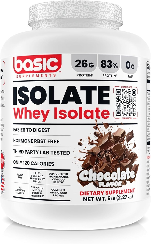 Isolato di proteine del siero di base, 26g Proteine, 0g Grasso, Senza glutine, RBST-Free, Assorbimento rapido, 120 Calorie (5 Pound, Cioccolato)